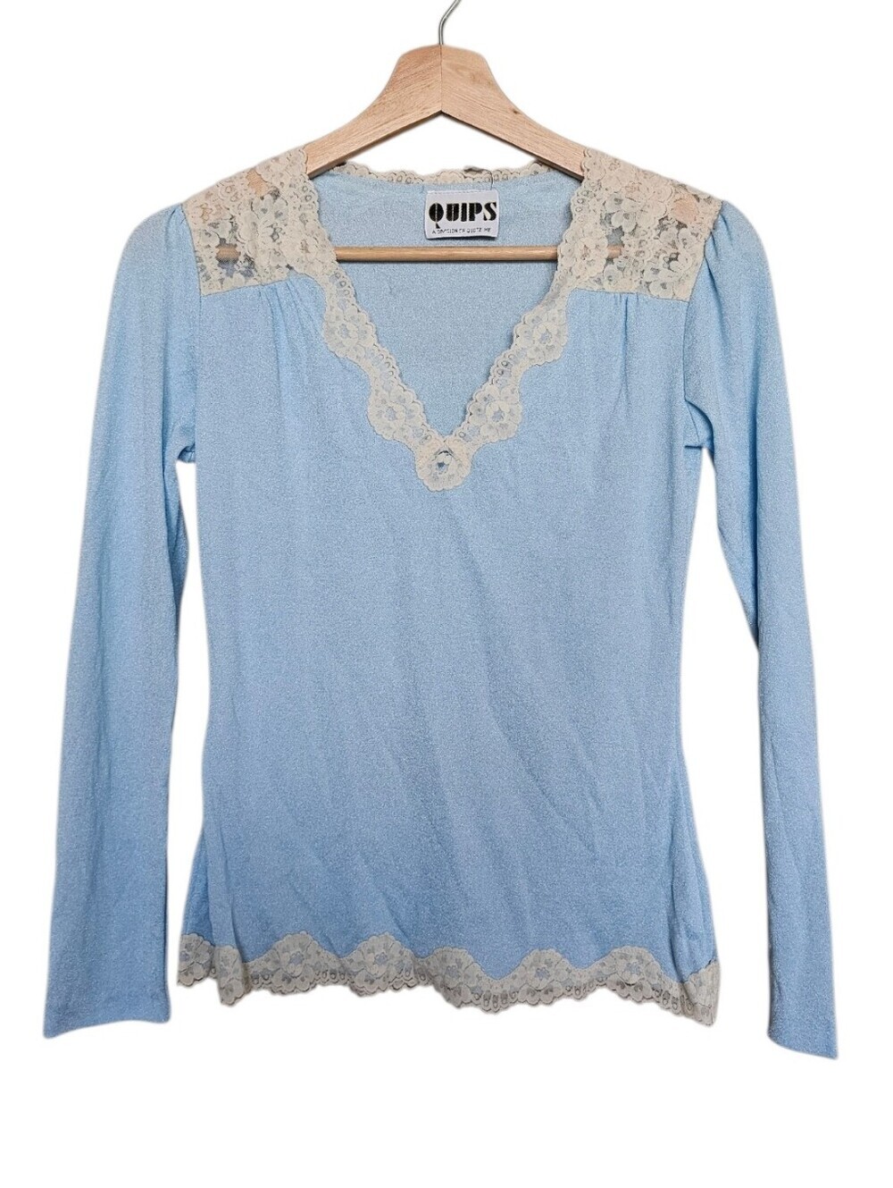 Vintage Quips V Neck Slim Light Blue Lace Trim Long Sleeve Top
